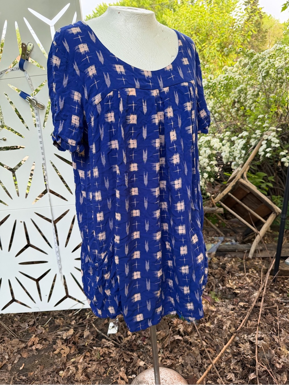 Holding Horses royal blue Short Sleeve mini-dress Tunic with Cream ikat print